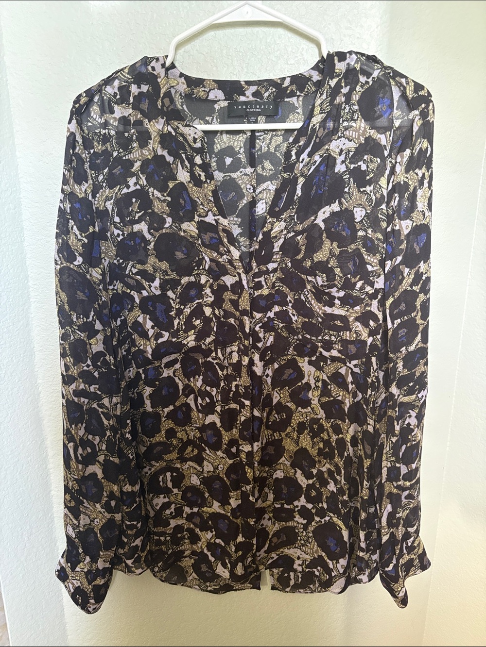 Sanctuary Long-Sleeve V-Neck Blouse in Black and Blue, tan and lavender